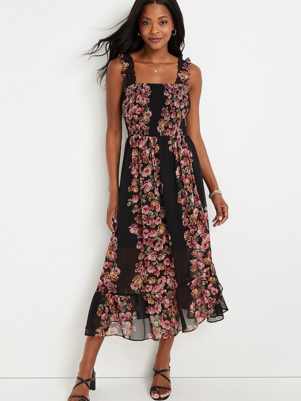 Floral Smocked Midi Dress in Black with Pink Blooms